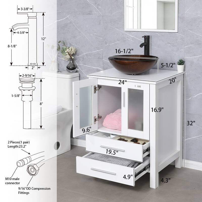24" Bathroom Vanity White Set Glass/ Ceramic Vessel Sink Cabinet Faucet Drain Free Standing Combo