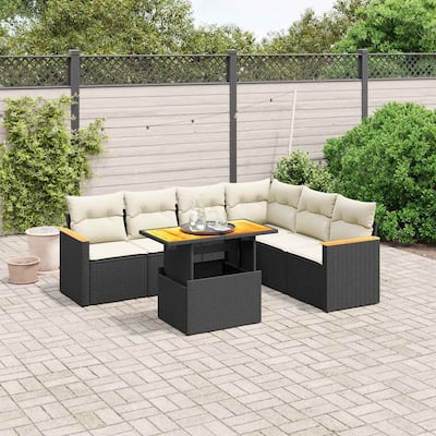 vidaXL Patio Sofa Set with Cushions Sofa Sections 7 Piece Poly Rattan Acacia - 21.7 x 39.4 x 28.7 in
