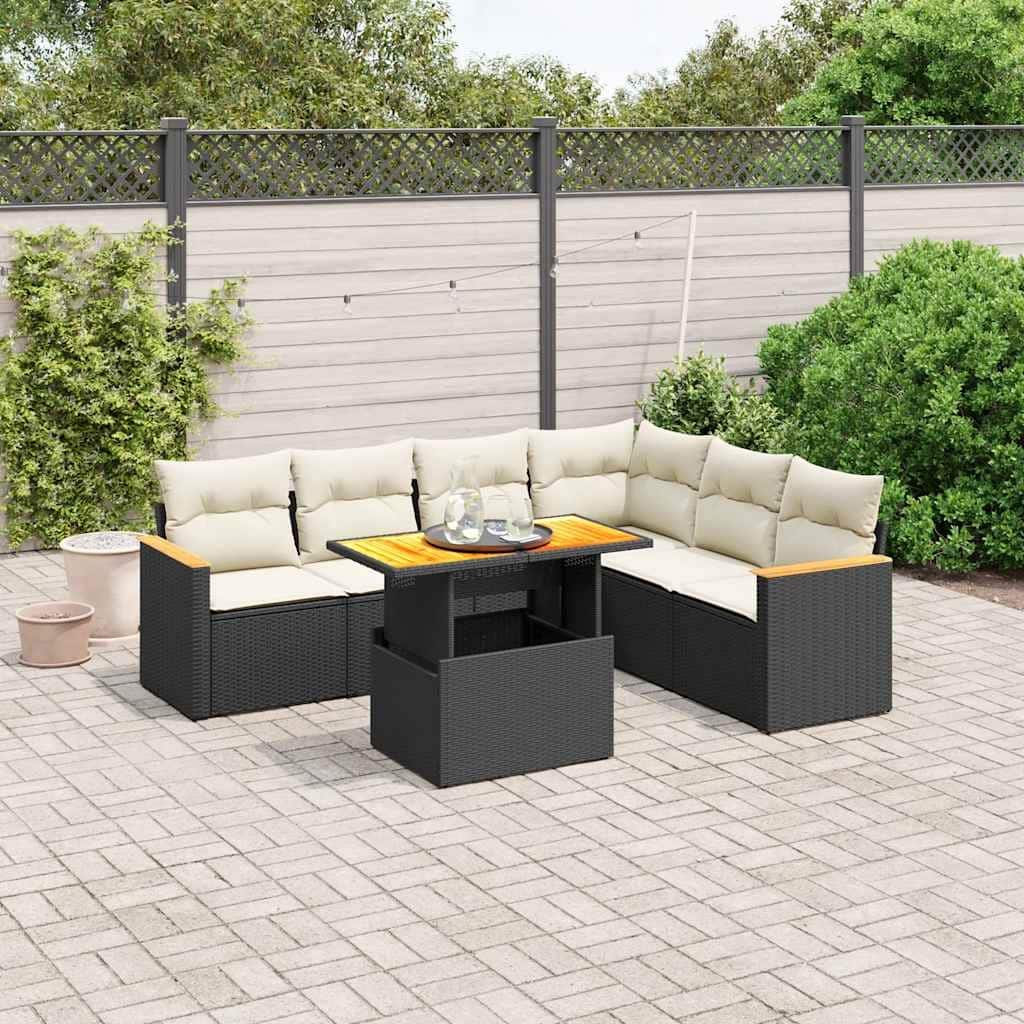 vidaXL Patio Sofa Set with Cushions Sofa Sections 7 Piece Poly Rattan Acacia - 21.7 x 39.4 x 28.7 in