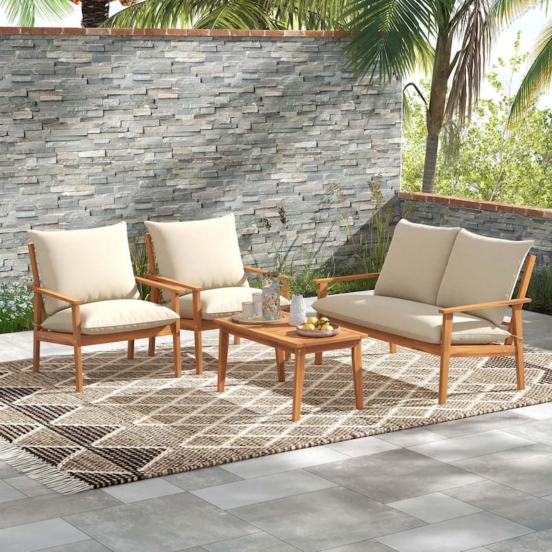 Costway 4 PCS Acacia Wood Patio Furniture Set with Soft Cushions and - See Details - Natural+Off White - See Details
