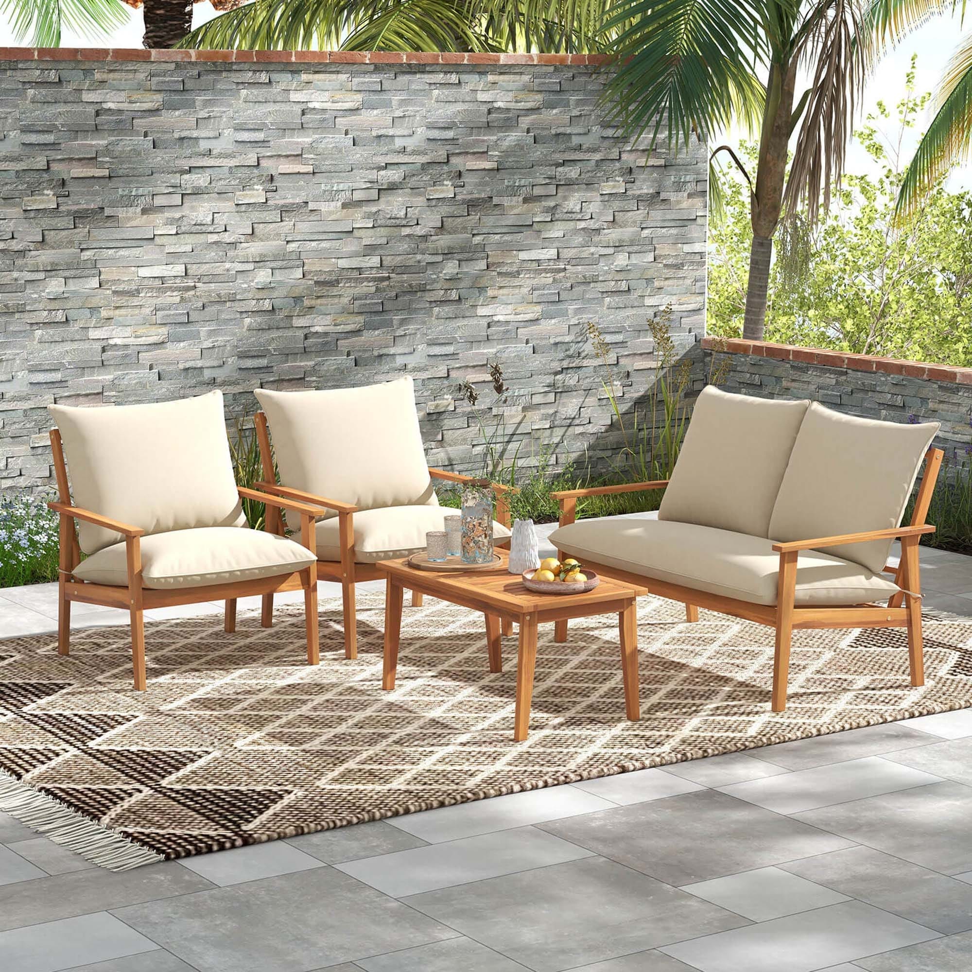 Costway 4 PCS Acacia Wood Patio Furniture Set with Soft Cushions and - See Details
