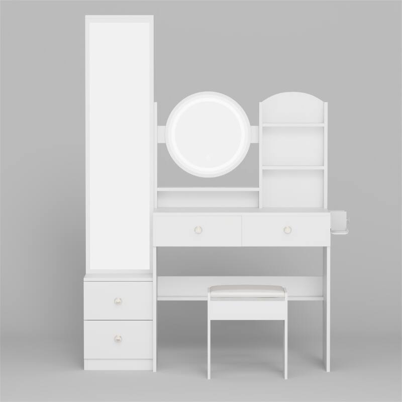 LED Vanity Table with Cushioned Stool and Full Body Mirror Cabinet - White Oak