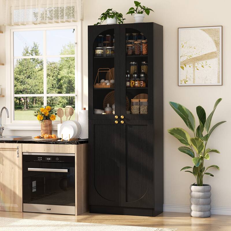 80" Tall Kitchen Pantry Storage Cabinet with 4 Doors & Adjustable Shelves, Freestanding 6-Tiers Buffet Cabinets for Dining Room - Black