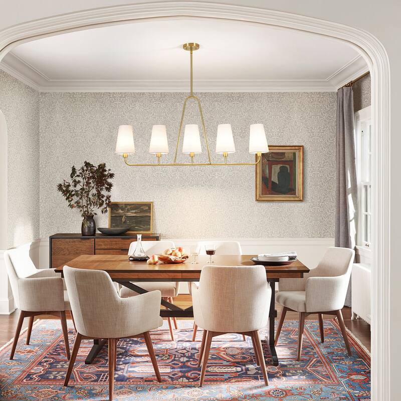 5-Light Mid-Century Modern Linear Pendant Light in Brass Finish White TC Fabric Shade for Dining Room and Kitchen Island