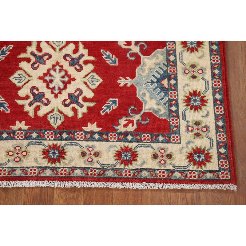 Red Geometric Kazak Rug Hand-Knotted Wool Carpet - 3'5" x 5'0"