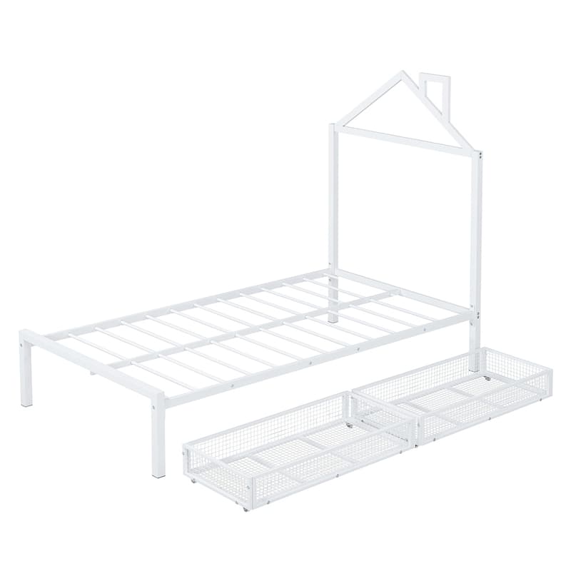 Twin Size House Shaped Metal Platform Bed with Drawers