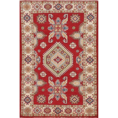 Geometric Red Kazak Accent Rug Handmade Wool Carpet - 3'2" x 5'1"