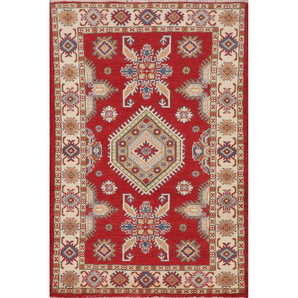 Geometric Red Kazak Accent Rug Handmade Wool Carpet - 3'2" x 5'1"