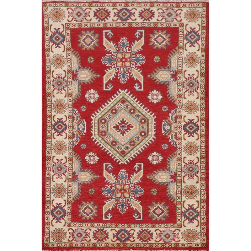 Geometric Red Kazak Accent Rug Handmade Wool Carpet - 3'2" x 5'1"