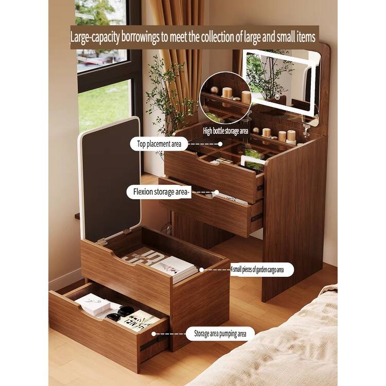 3-in-1 Vanity Desk with Flip-Top Lighted Mirror, Glass Desktop Makeup Table with 3 Drawers for Bedroom