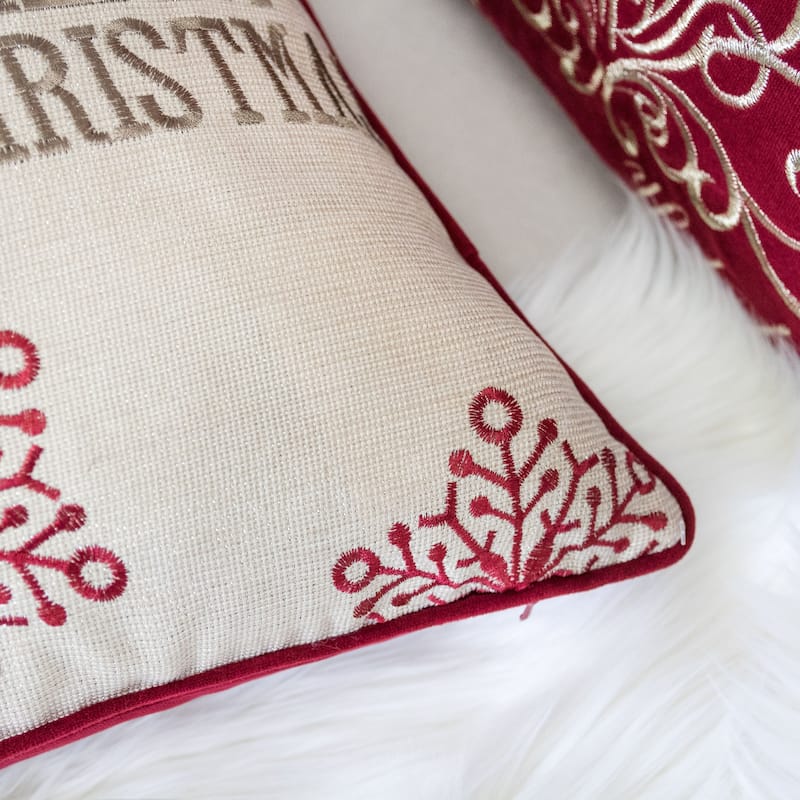 Merry Christmas Embroidered Poly Linen Throw Pillow - 20x20" Holiday Cushion with Reindeer, Trees & Snowflakes