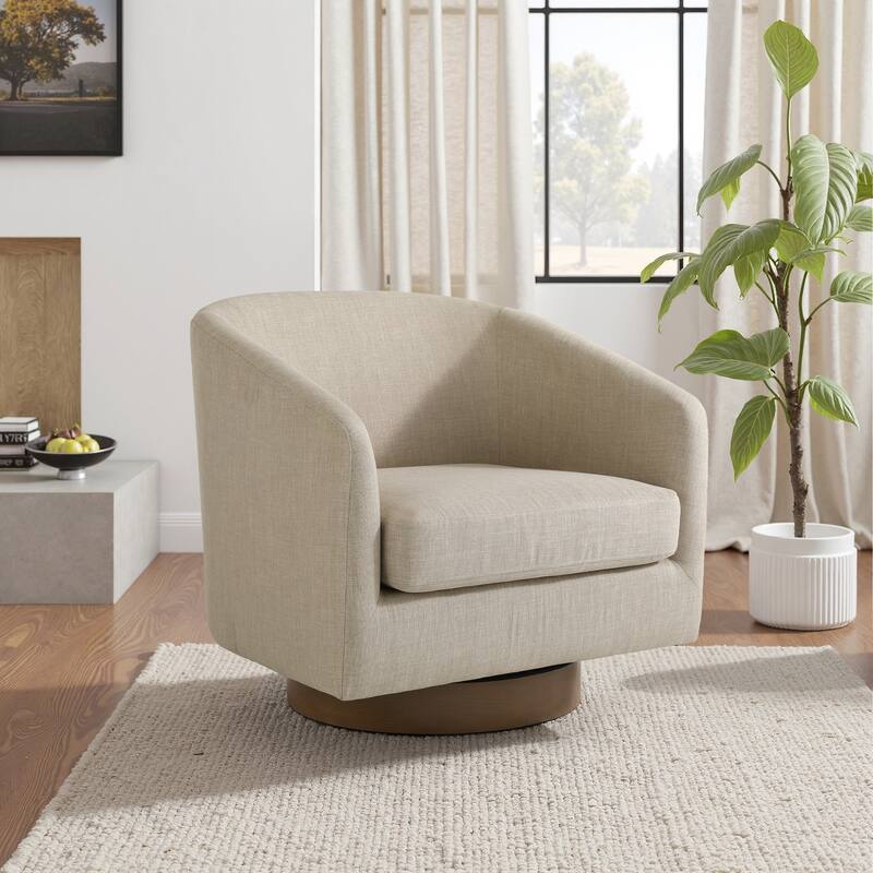 31.1'' W Modern Barrel Swivel Accent Chair - Light Brown-Linen