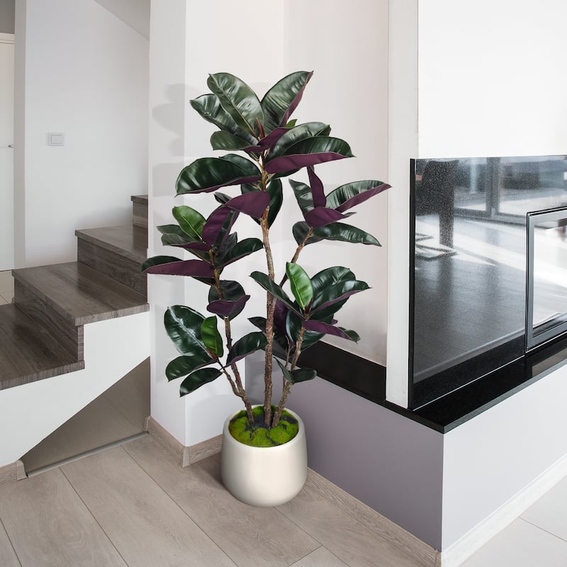 4.5 ft. Artificial Rubber Tree in White Decor Pot for Home Decor - 4.5 ft. - 4.5 ft.