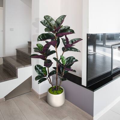 4.5 ft. Artificial Rubber Tree in White Decor Pot for Home Decor - 4.5 ft.