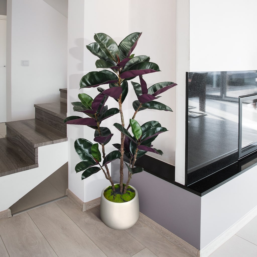 4.5 ft. Artificial Rubber Tree in White Decor Pot for Home Decor - 4.5 ft.