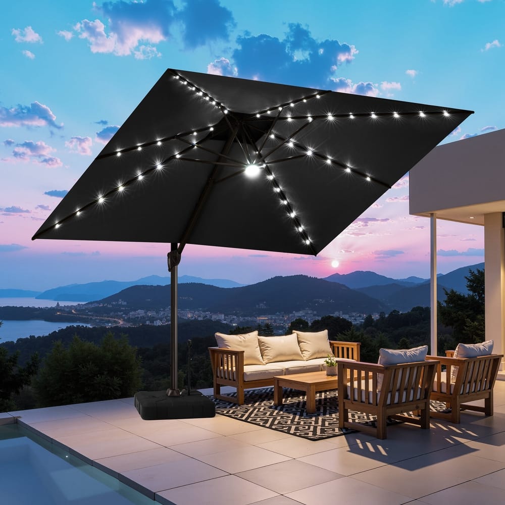 11 FT Outdoor Solar-Powered LED Light Aluminum Patio Cantilever Umbrella with Base
