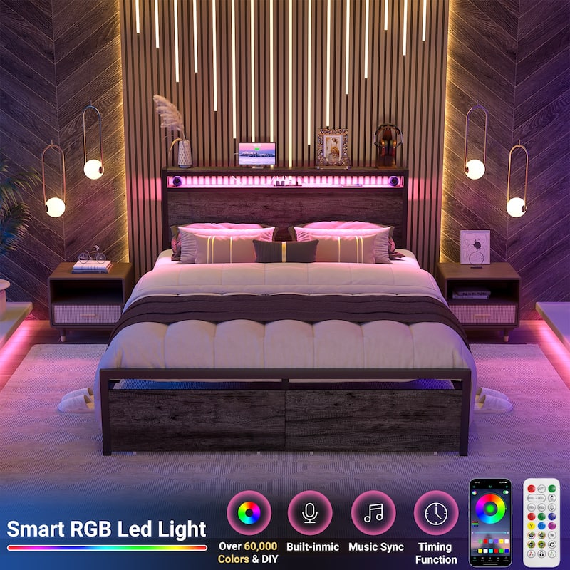 Platform Bed with Storage Headboard, Bed Frame with Charge Station and LED Light