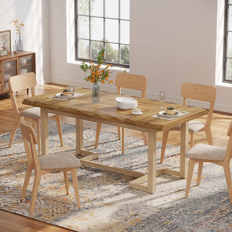 Rectangular Wood Dining Table with Solid Wood Legs, Kitchen Table for Dining/Living Room