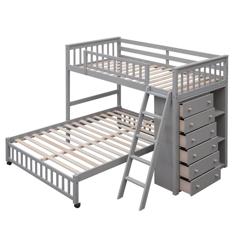 Twin Over Full Bunk Bed with 6 Drawers, Flexible Shelves and GuardRail