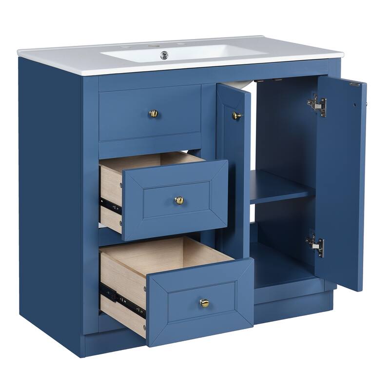 36" Modern Bathroom Vanity with Ceramic Sink, 2 Drawers & Shelf Storage Cabinet, Blue MDF & Solid Wood