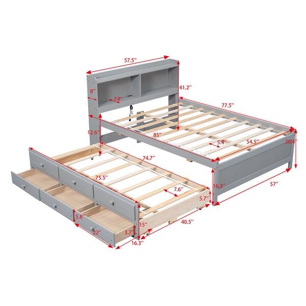 Superior Quality Captain Bed with Type-C USB Ports, Wood Platform Full Bed Frame with LED Light Headboard & Trundle, Grey