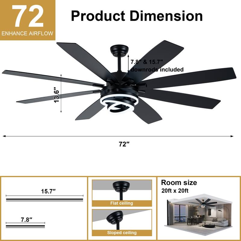 Cusp Barn 52"/72" Modern Large Dimmable LED Ceiling Fan with Lights and Remote, Reversible 8-Blade DC Motor DIY Shape Chandelier