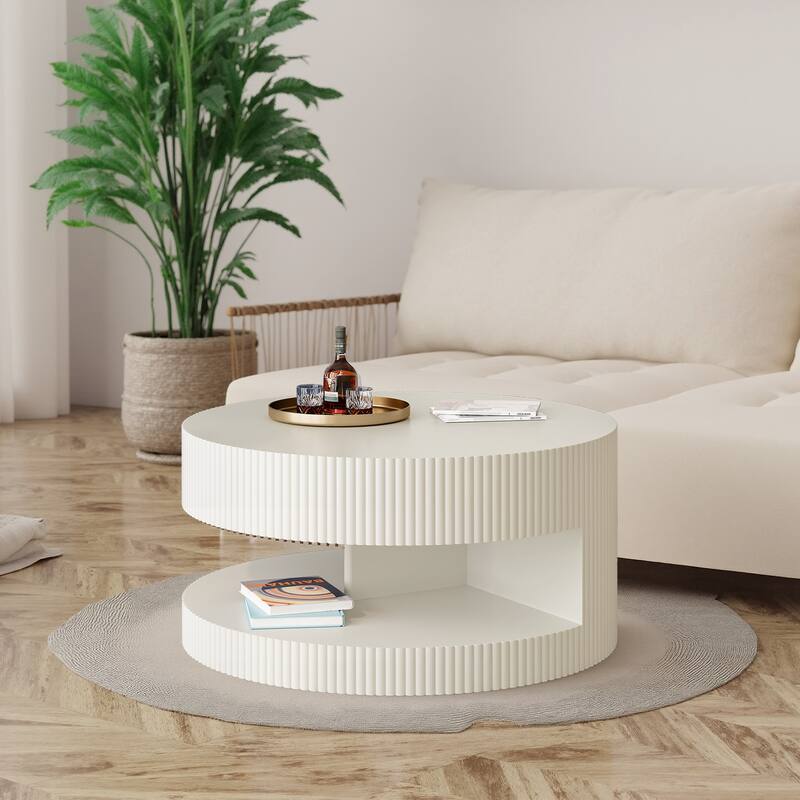31.5" Round Coffee Table with Storage, Modern Wood Center Table with Vertical Stripe Detail for Living Room