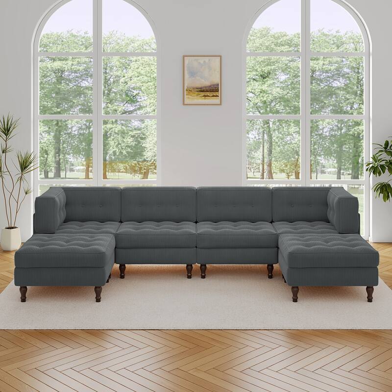 130"W Corduroy Upholstered Modular Sectional Sofa with Storage Ottoman