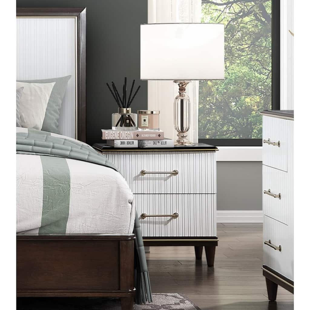 Contemporary White and Cherry Finish 1pc Two Drawers Nightstand 2-Tone Finish with Gold Trim Modern Bedroom Furniture