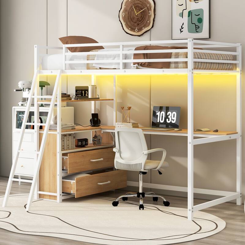 Twin Metal Wood Loft Bed with Desk & LED Light