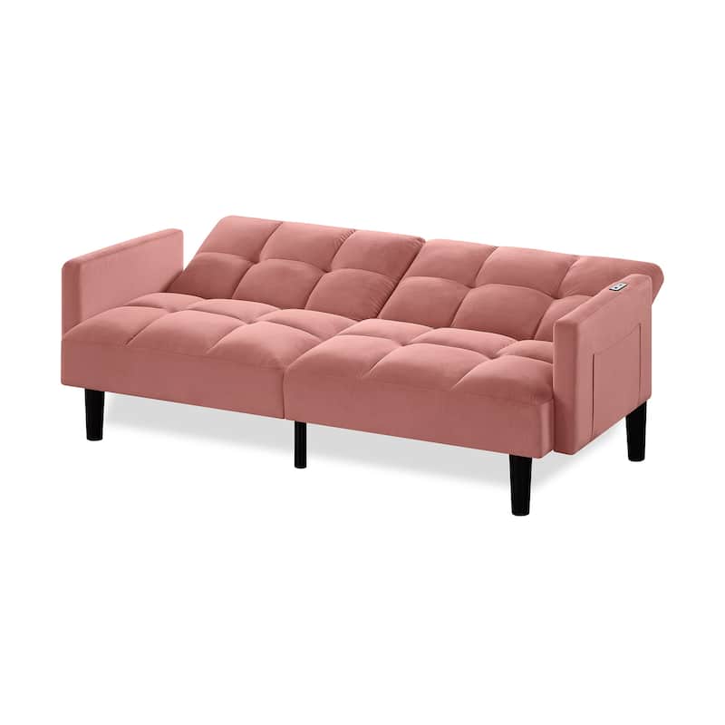 Versatile Adjustable Futon Couch Convertible Velvet Sleeper Sofa Bed with USB, Side Pockets, Chevron Tufting and Tapered Legs