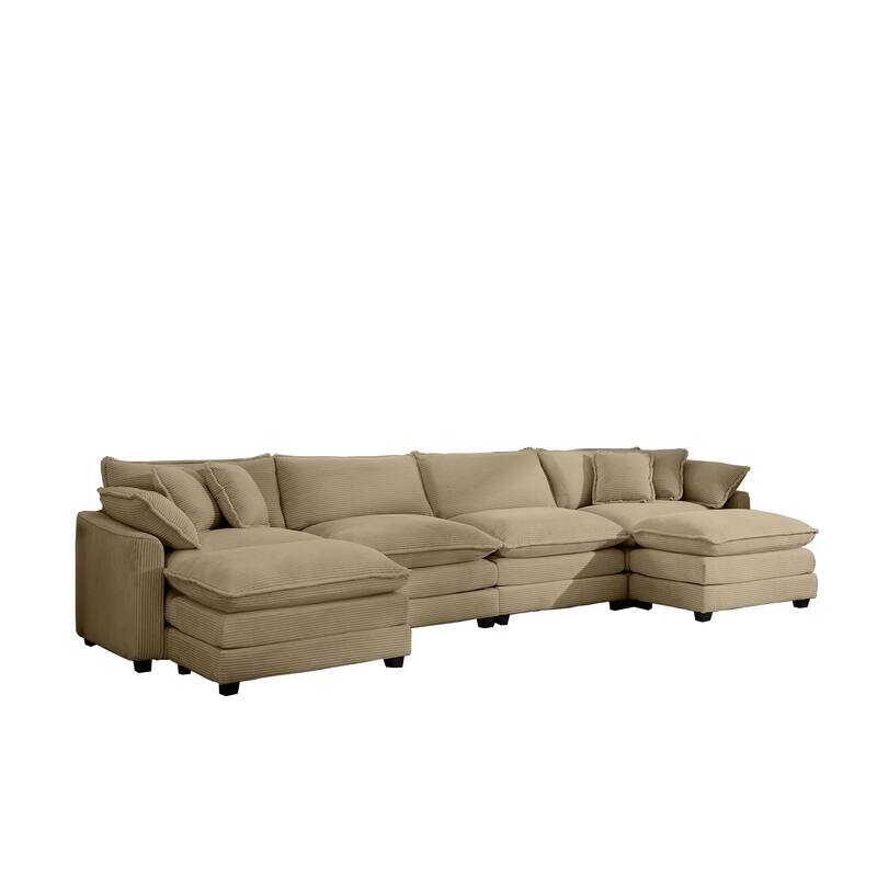 Tan 150" Corduroy Cloud Upholstered Modular U-Shaped Sectional Sofa with 2 Removable Ottoman and Free Combination Design