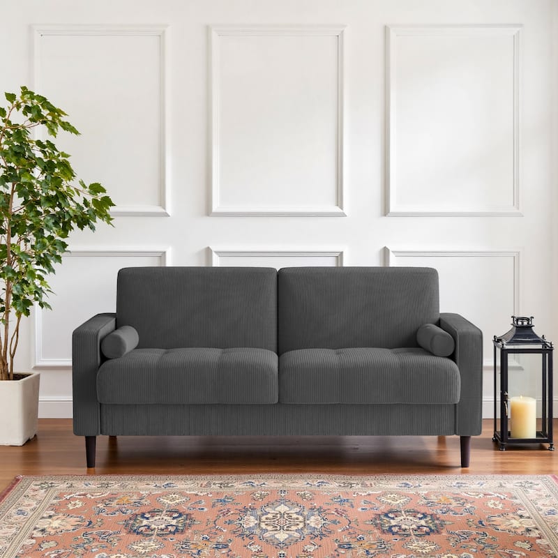 Modern Corduroy Upholstered Loveseat with Bolster Pillows and Wood Legs