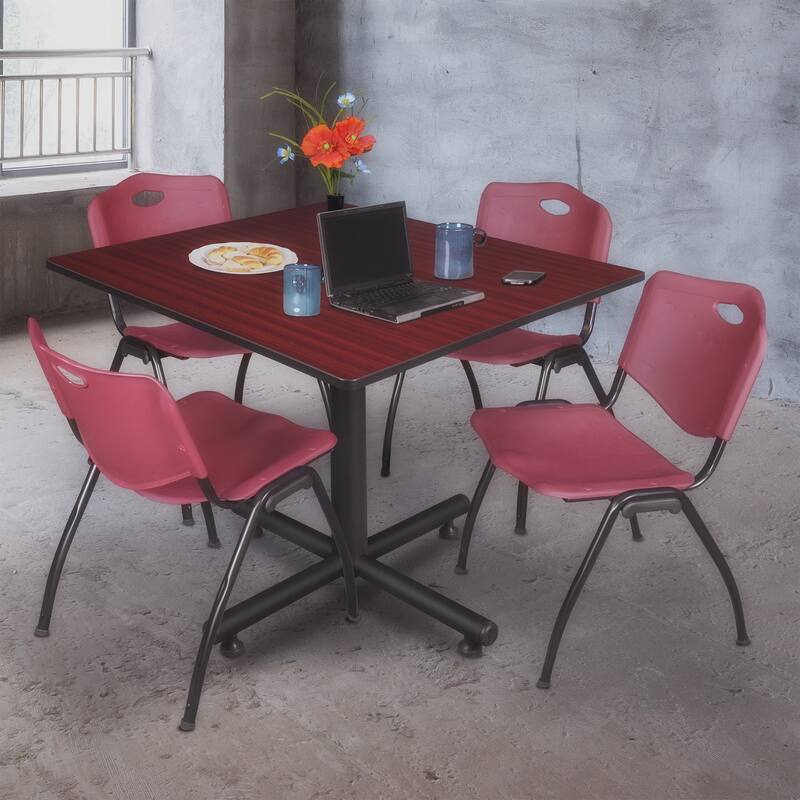 48 in. Square Breakroom Table- Mahogany & 4 'M' Stack Chairs- Burgundy