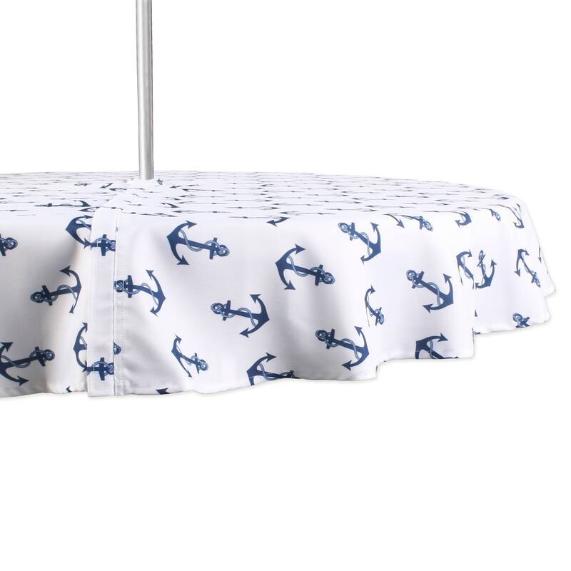Boat Anchors Zippered Outdoor Round Tablecloth - 60" - White and Blue