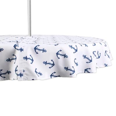 Boat Anchors Zippered Outdoor Round Tablecloth - 60" - White and Blue