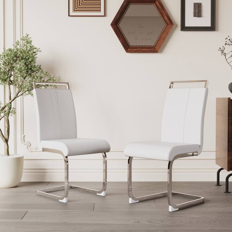 White Silver Leather Reception Chair Dining Chair with High Backrest, Side Chair Office Chair Lounge Chair with Metal Legs