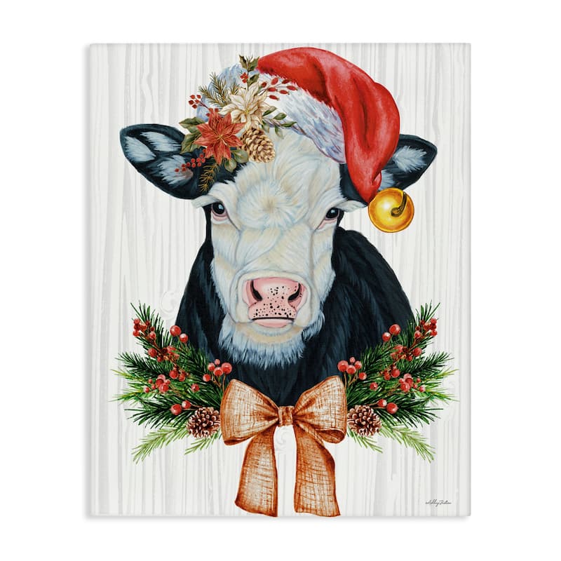 Stupell Festive Cow in Christmas Hat Canvas Wall Art Design By Ashley Justice - 24 x 30