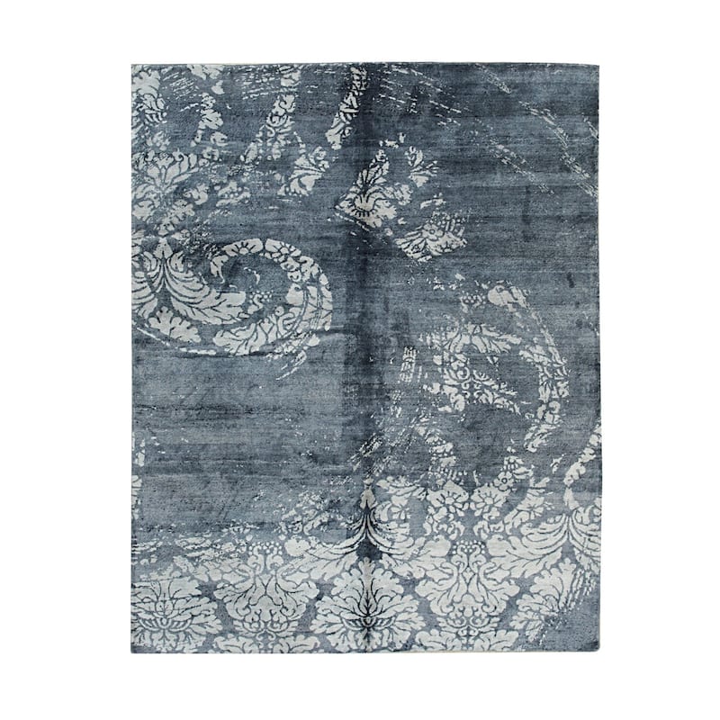 Black Hand Knotted Bamboo Silk Wool Transitional Modern Rug 8' x 10' - Contemporary Design Elegant - N/A