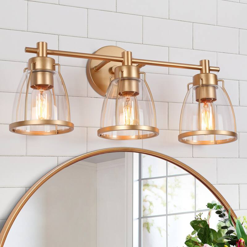 Modern Glam Gold 3-Light Bathroom Vanity Light Bowl Glass Wall Sconces - L 22" x W 7" x H 10"