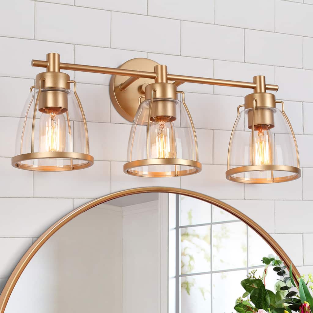 Modern Glam Gold 3-Light Bathroom Vanity Light Bowl Glass Wall Sconces - L 22" x W 7" x H 10"