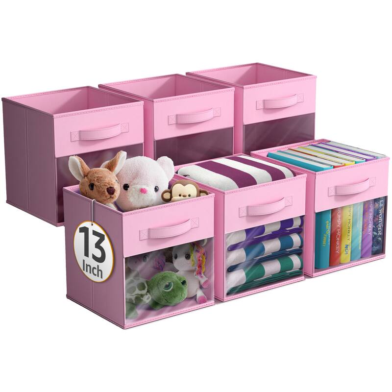 Sorbus 13" Large Storage Bin with Clear Window – 6-Pack Foldable Fabric Organizers - 13” L x 13” W x 13” H - Pastel Pink