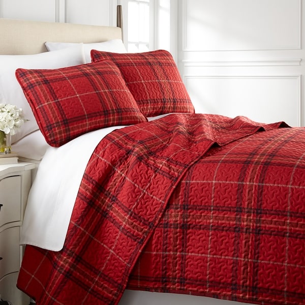 slide 2 of 3, Vilano Choice Ultra-Soft Plaid 3-piece Quilt and Sham Set Red Plaid - Full - Queen