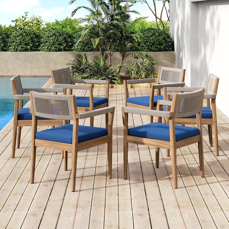 Braided Acacia Wood Outdoor Dining Table and Chairs Set of 6, All-Weather Patio Furniture for Garden, Poolside, and Backyard - Navy,Teak+ Beige