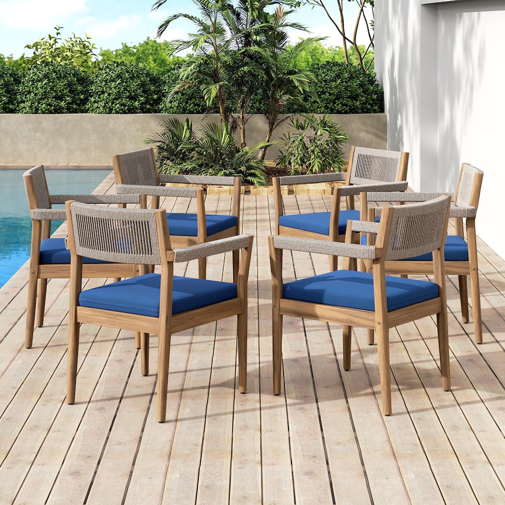 Braided Acacia Wood Outdoor Dining Table and Chairs Set of 6, All-Weather Patio Furniture for Garden, Poolside, and Backyard