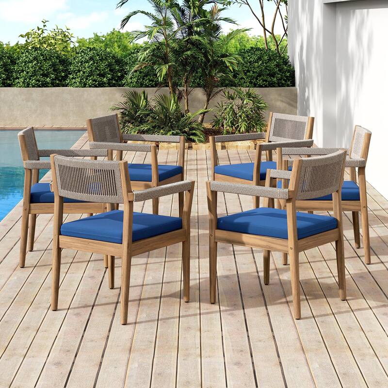 Roomfitters Outdoor Braided Acacia Wood Dining Chairs with Beige Rope Weave and Water-Resistant Cushions, Navy - Navy,Teak (Set of 6)
