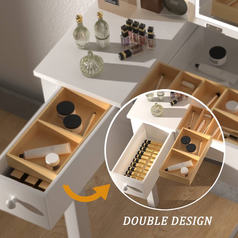 Small Flip Top Makeup Table with LED Lights, Mirror, 2 Drawers