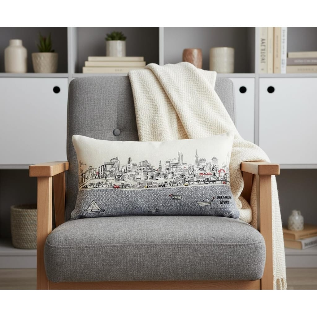 HomeRoots 14" X 24" Cream Philadelphia Daylight Skyline Lumbar Decorative Pillow