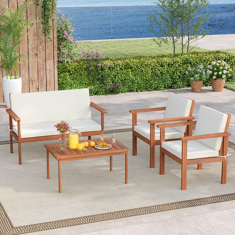 Costway 4/8 PCS Acacia Wood Conversation Set with Seat & Back Cushions