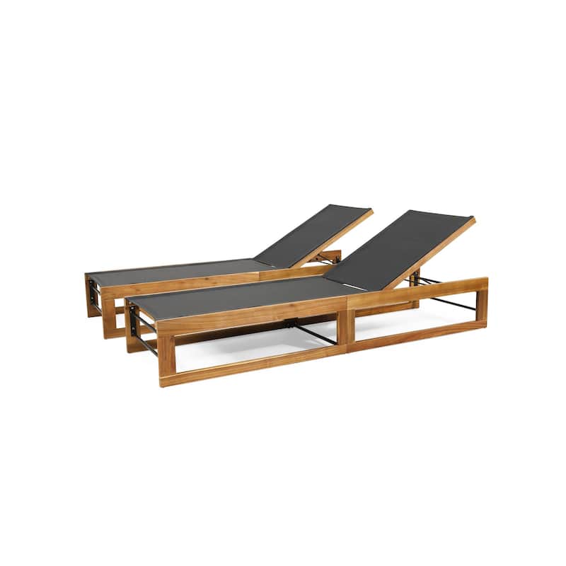 Outdoor solid wood frame mesh chaise lounge chair - Teak-2PC